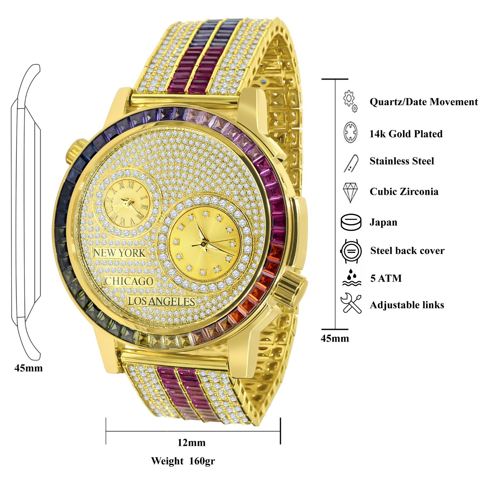Pre-owned Ice Master Genuine Diamond Gold Tone 2 Time Zone Chronograph Baguette Rainbow Dial Watch