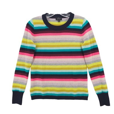 J. CREW 100% Cashmere Sweater Everyday Multi Striped Colorful Slits Size XS