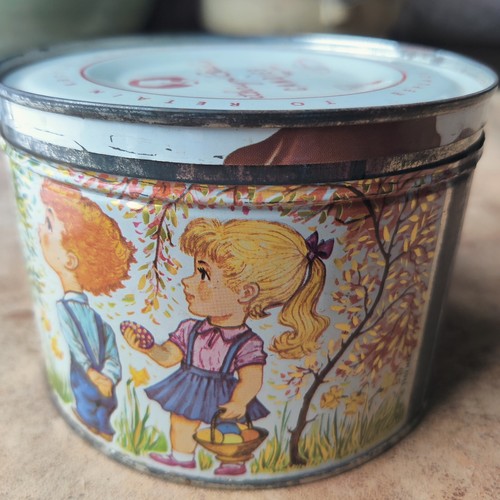 1962 Easter Candy Tin Kathryn Beich Union Made USA Egg Hunt Rabbit Bunny Spring