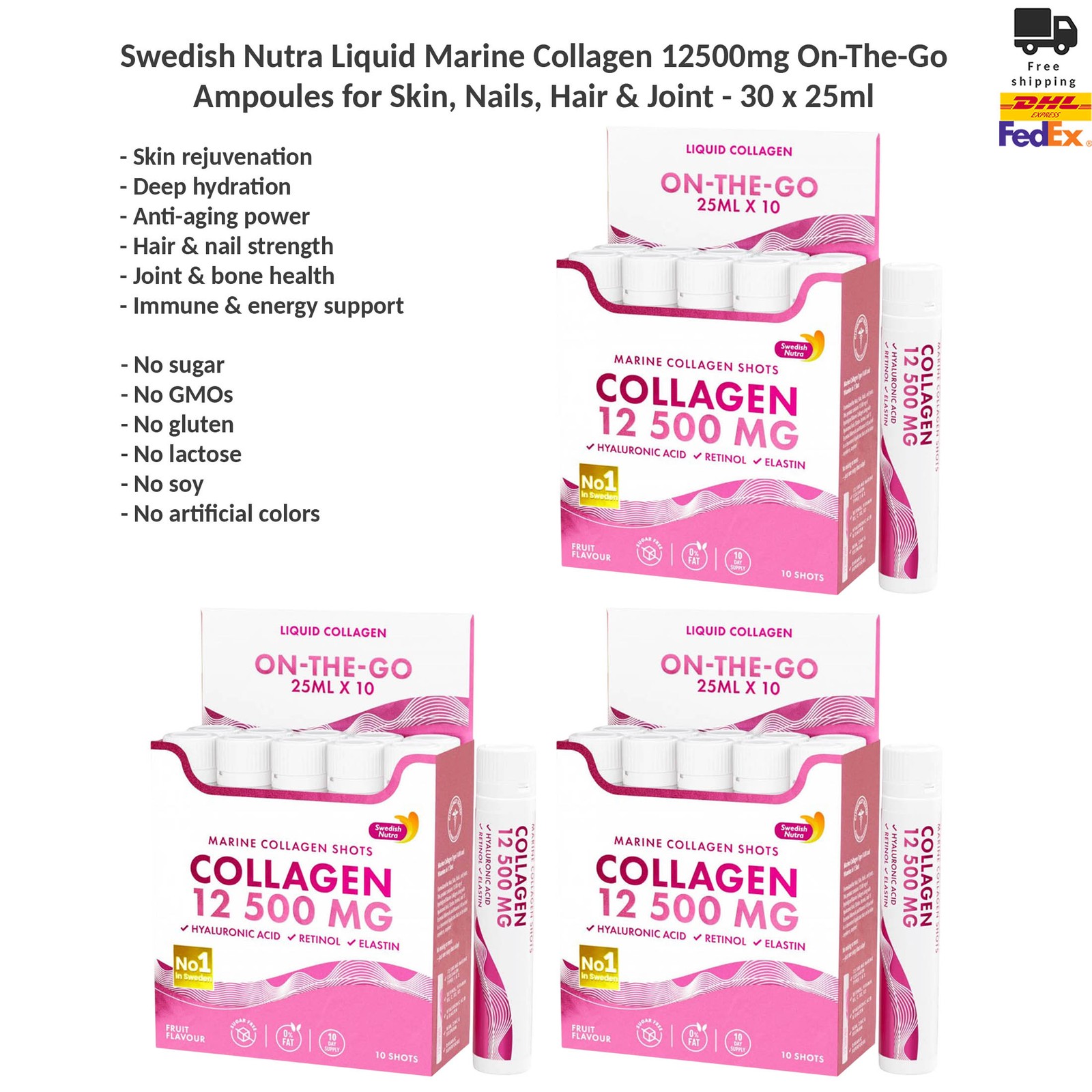 Swedish Nutra Liquid Marine Collagen 12500mg On-The-Go Ampoules Drink 30x25ml