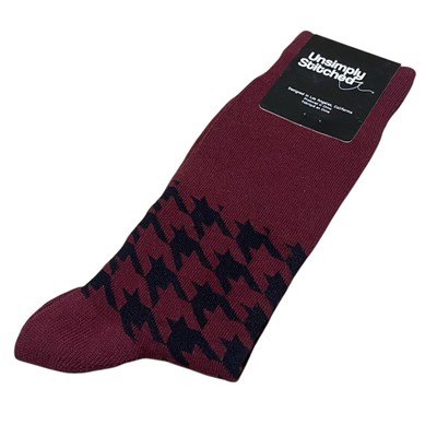 Unsimply Stitched Dress Socks Burgundy Houndstooth Unisex Mens 8-12 Womens 8-13