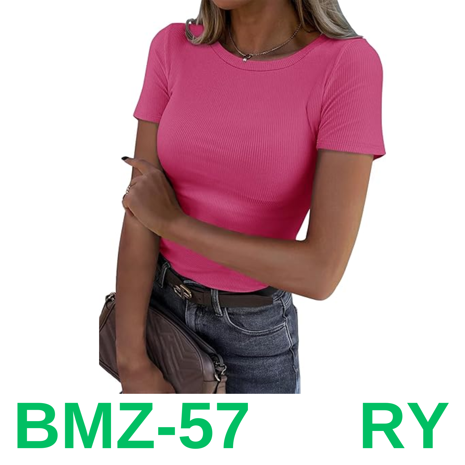 Roselux Women Crew Neck Ribbed Fitted Tight Tshirt Short Sleeve Shirt Basic, S