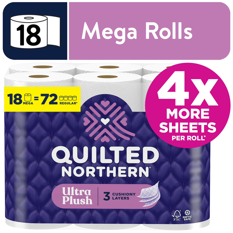Ultra Plush 3-Ply Toilet Paper, 18 Mega Rolls, 255 Sheets per ...