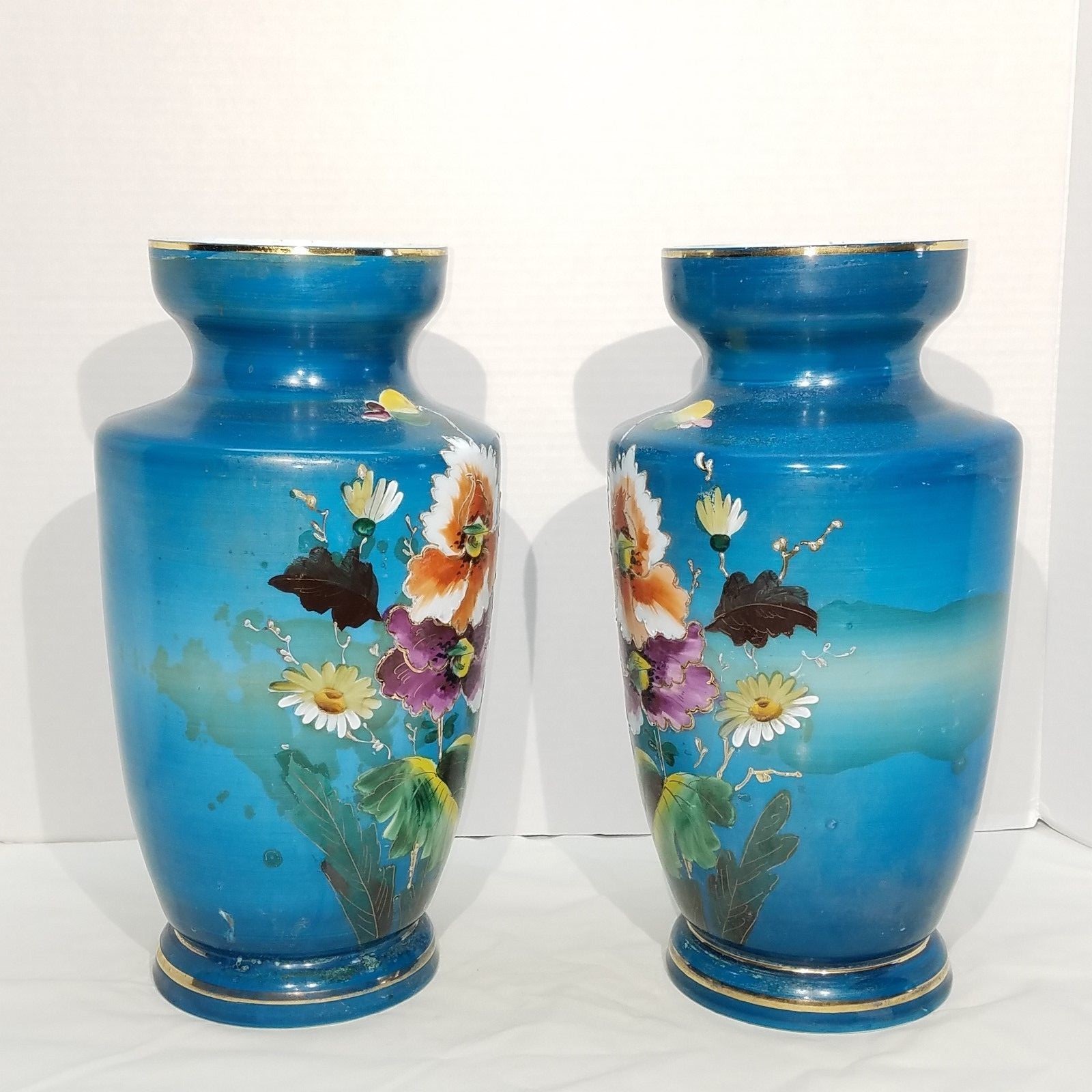 French Opaline Antique Hand-Painted Blue Floral Gilted Vase Pair 12.50