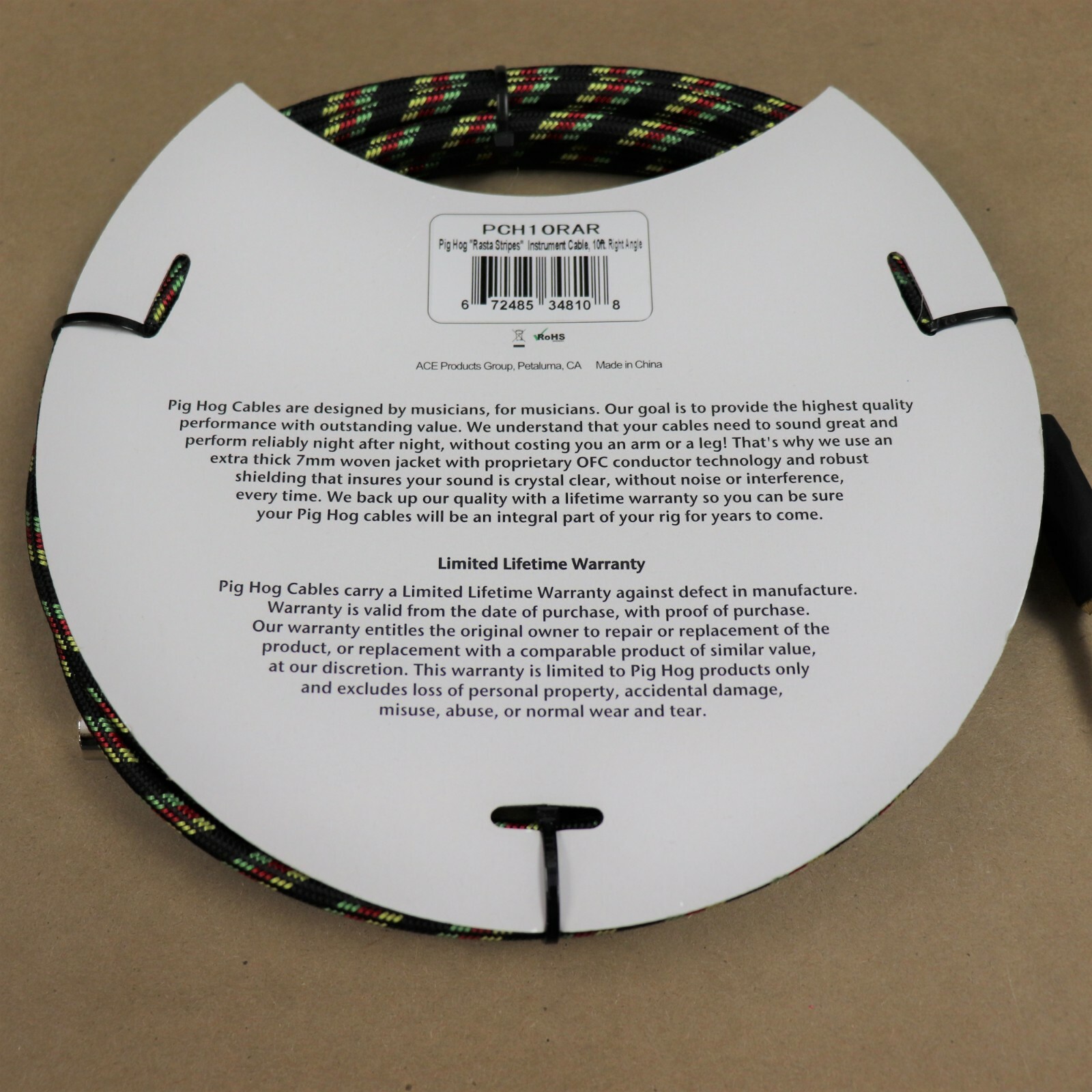 Pig Hog 10' Right Angle Vintage Woven Instrument Guitar Cable 10ft RASTA Stripes
