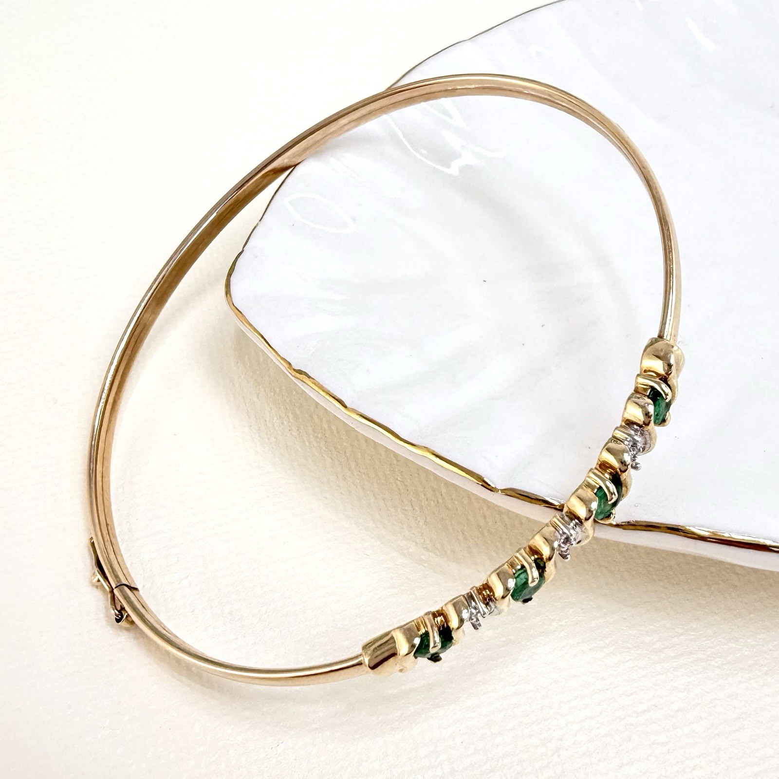 10k Yellow Gold Genuine Emerald & Diamond Bangle Bracelet, Preowned - Picture 9 of 9