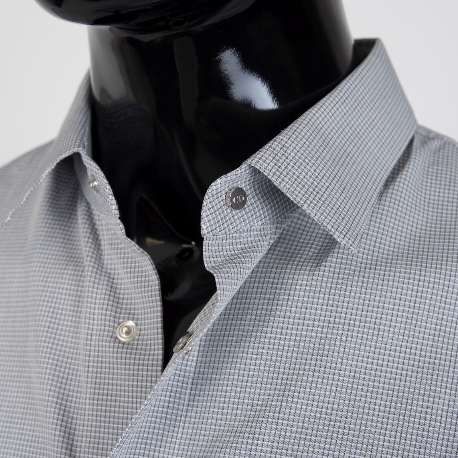Pre-owned Dior 750$ Dress Shirt In Gray Micro Check Cotton Palladium-finished Snap Buttons