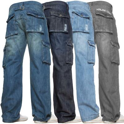 Kruze Mens Combat Jeans Cargo Denim Trousers Casual Work Pants All Waists Sizes