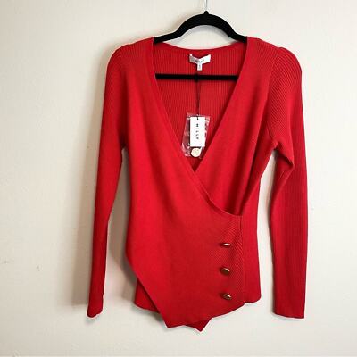 Milly Women's Cross Front Long Sleeve Sweater Red Gold Buttons Size M