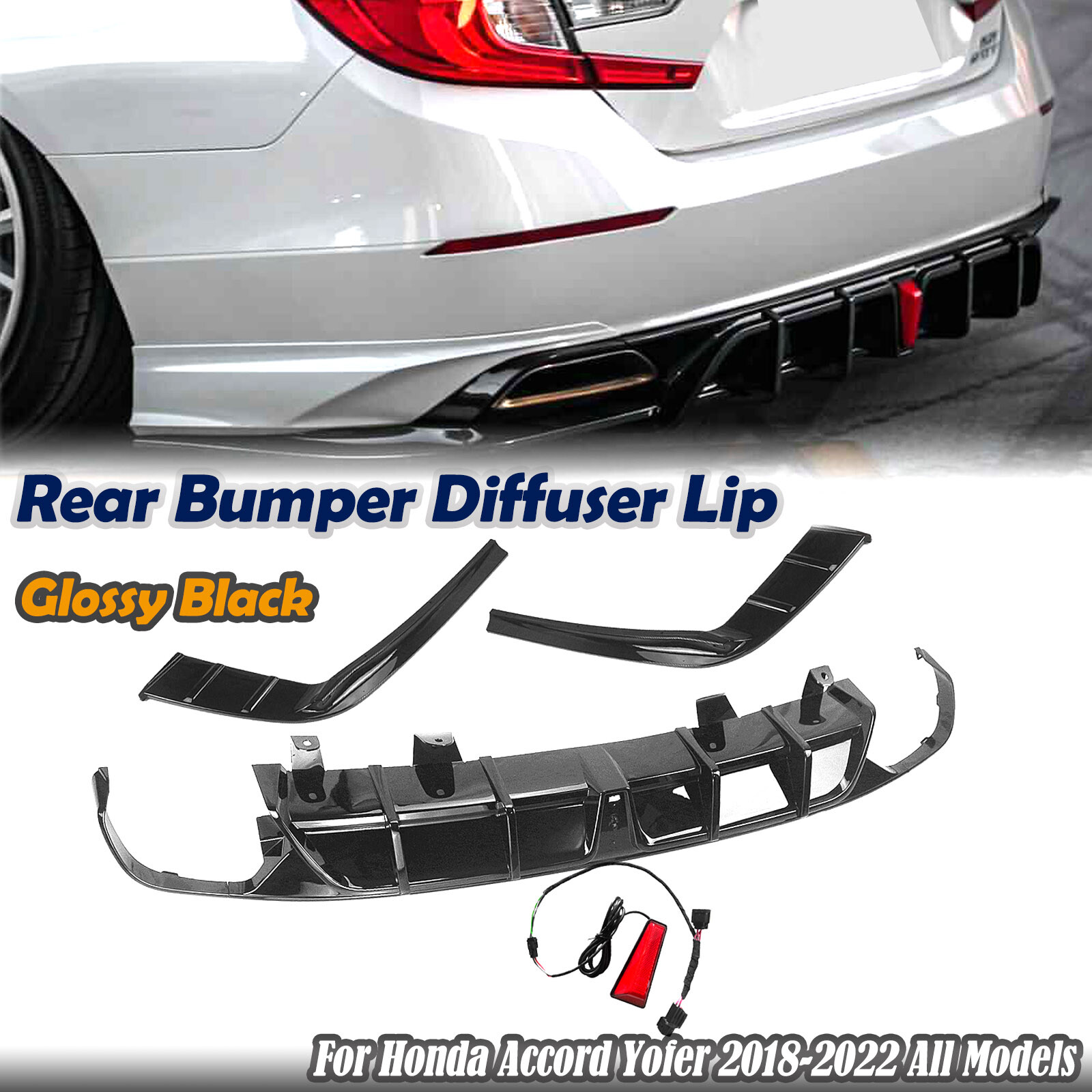 Rear Bumper Diffuser & Light Glossy Black Trim For 2018-2022 Honda Accord Yofer