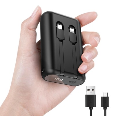 Portable Power Bank 12000mAh with Built-in Cables, LED Display, Fast Charging...