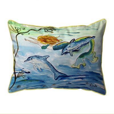Betsy Drake Mermaid & Dolphins Large Indoor Outdoor Pillow 16x20