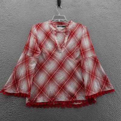 Lauren Ralph Lauren Womens Plaid Bell Sleeve Tunic Large Red White Boho