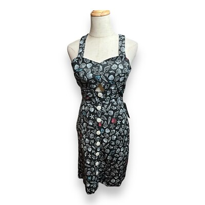 Modcloth Fit & Flare Cut Out Linen Bld Sleeveless Dress Black Seashells Sz 0