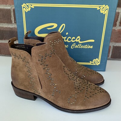 Sbicca Women s Sansa Grey Suede Studded Pull On Block Heel Ankle Boots US 7 M