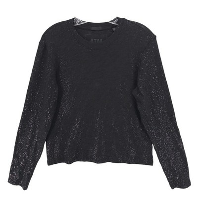 ATM Slub Jersey Metallic Foil Long Sleeve Crop Tee Black Sparkle Women's SMALL