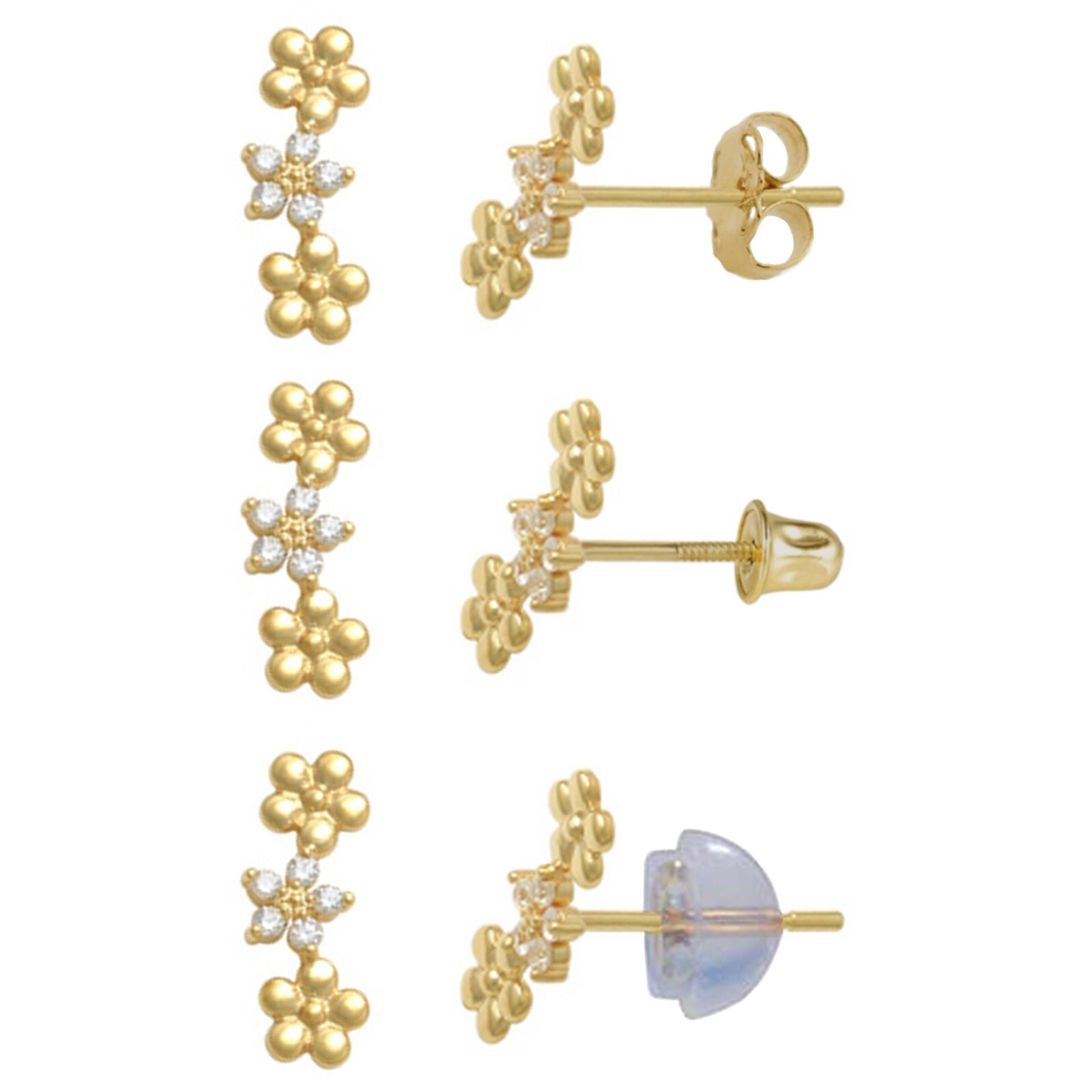 14K Yellow Gold Ear Crawler Flower CZ Stud Earrings (Select