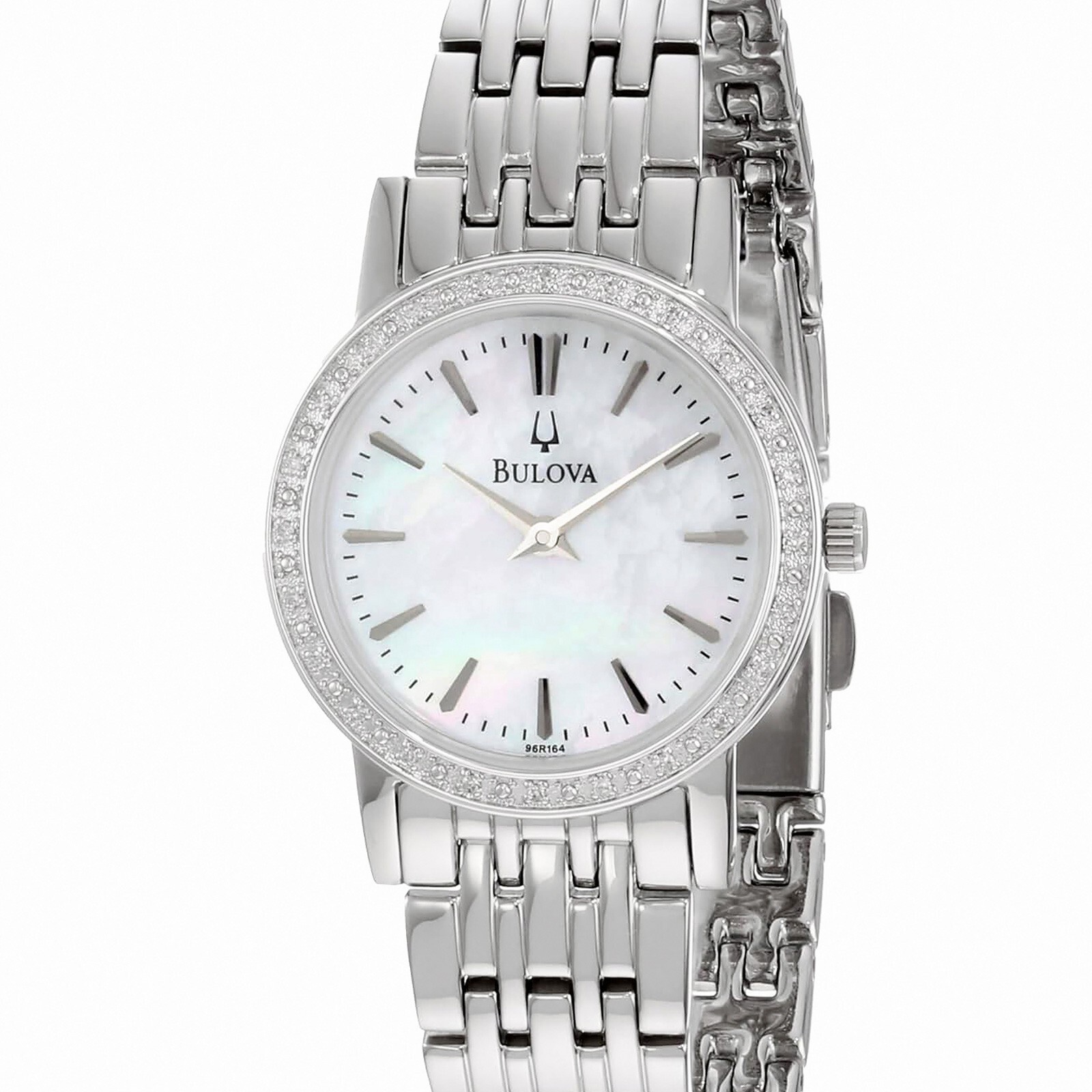 Женские наручные часы BULOVA с 24 бриллиантами, белый циферблат MOP, серебристая нержавеющая сталь