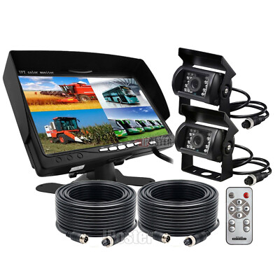 7'' Quad Split Monitor Screen +2X Rear View Backup Camera System For Bus Truck RV