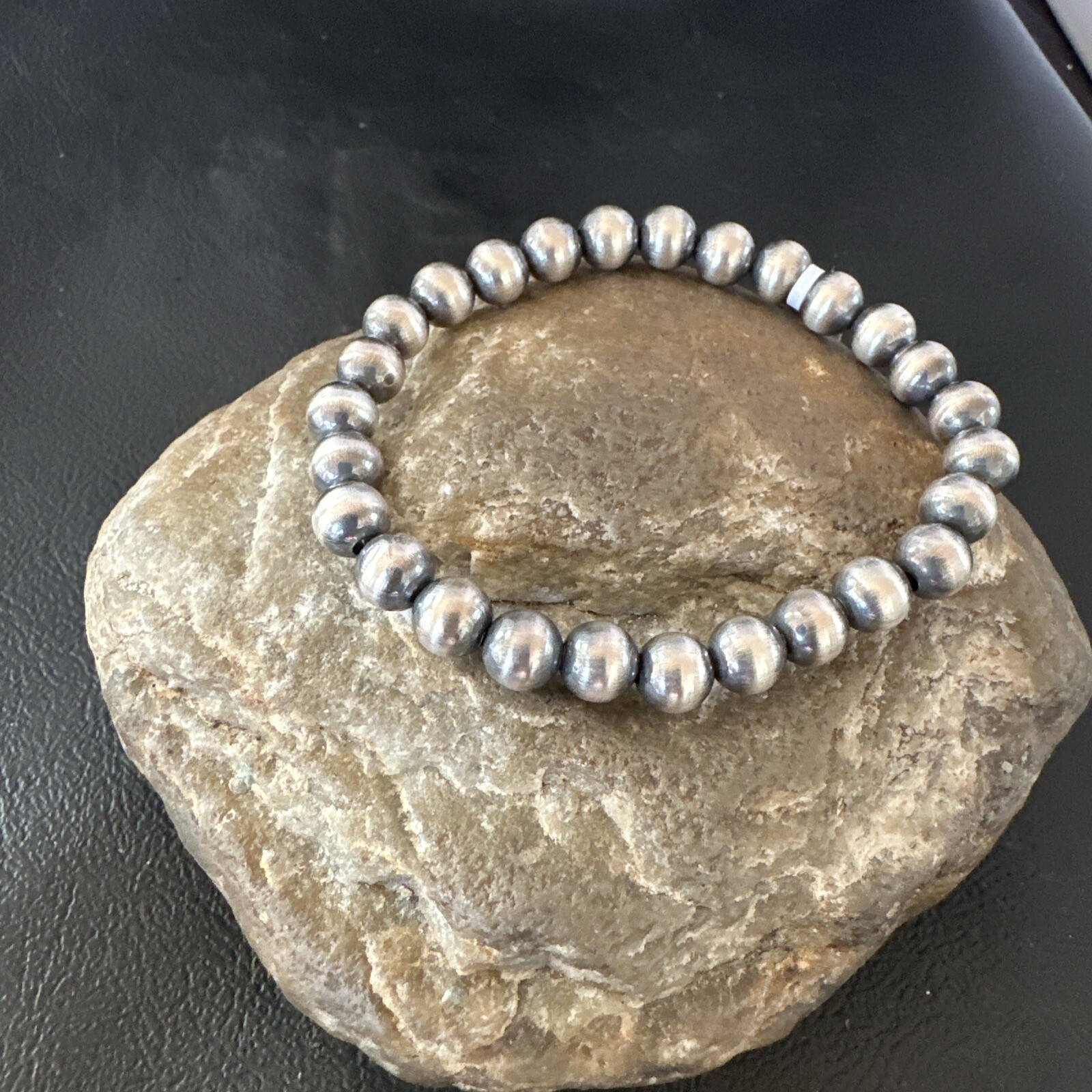 Native American 7mm Beads 7” Sterling Silver Stretch Beads