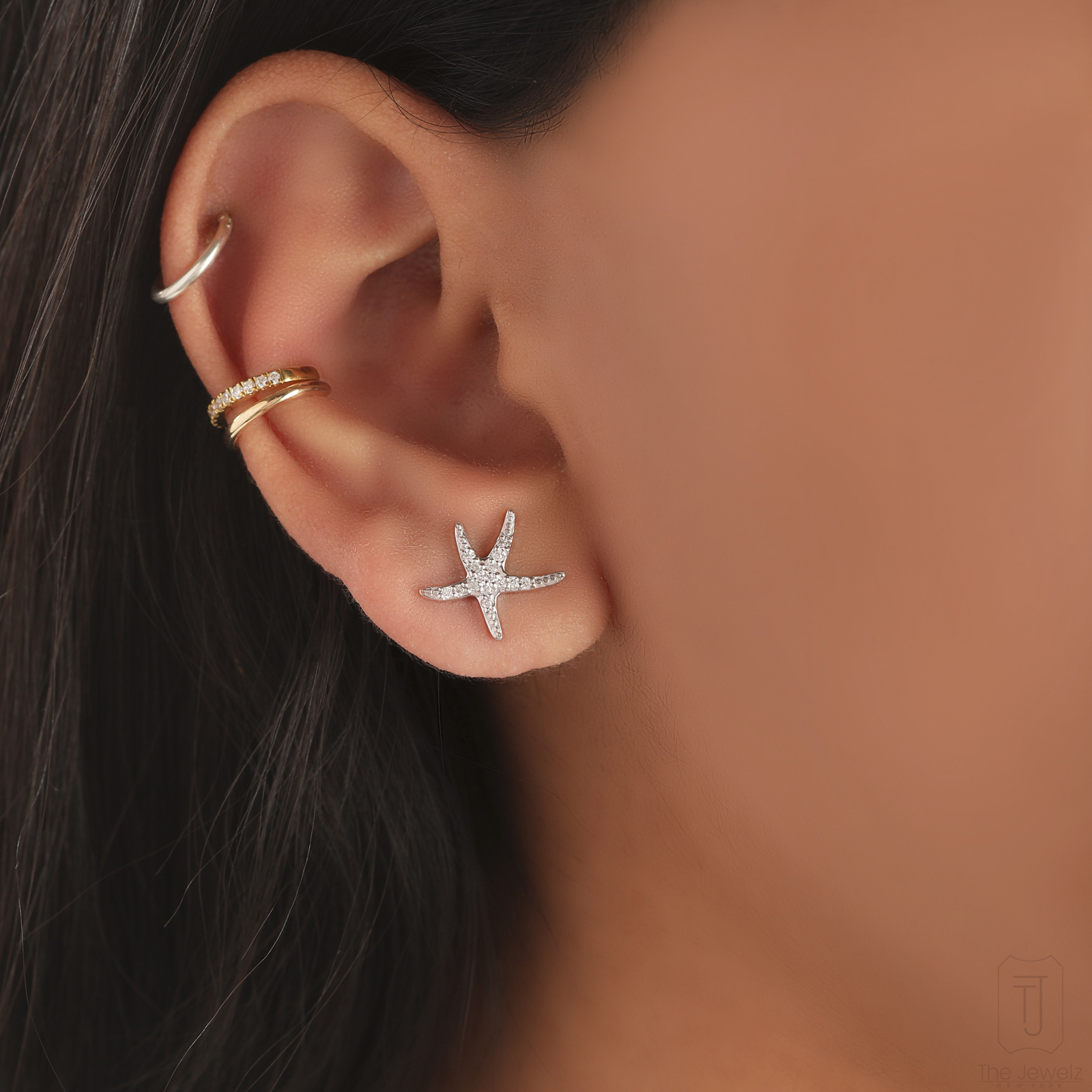 14K Gold Natural Diamond Starfish Earrings Handmade Celestial Jewelry-Thejewelz