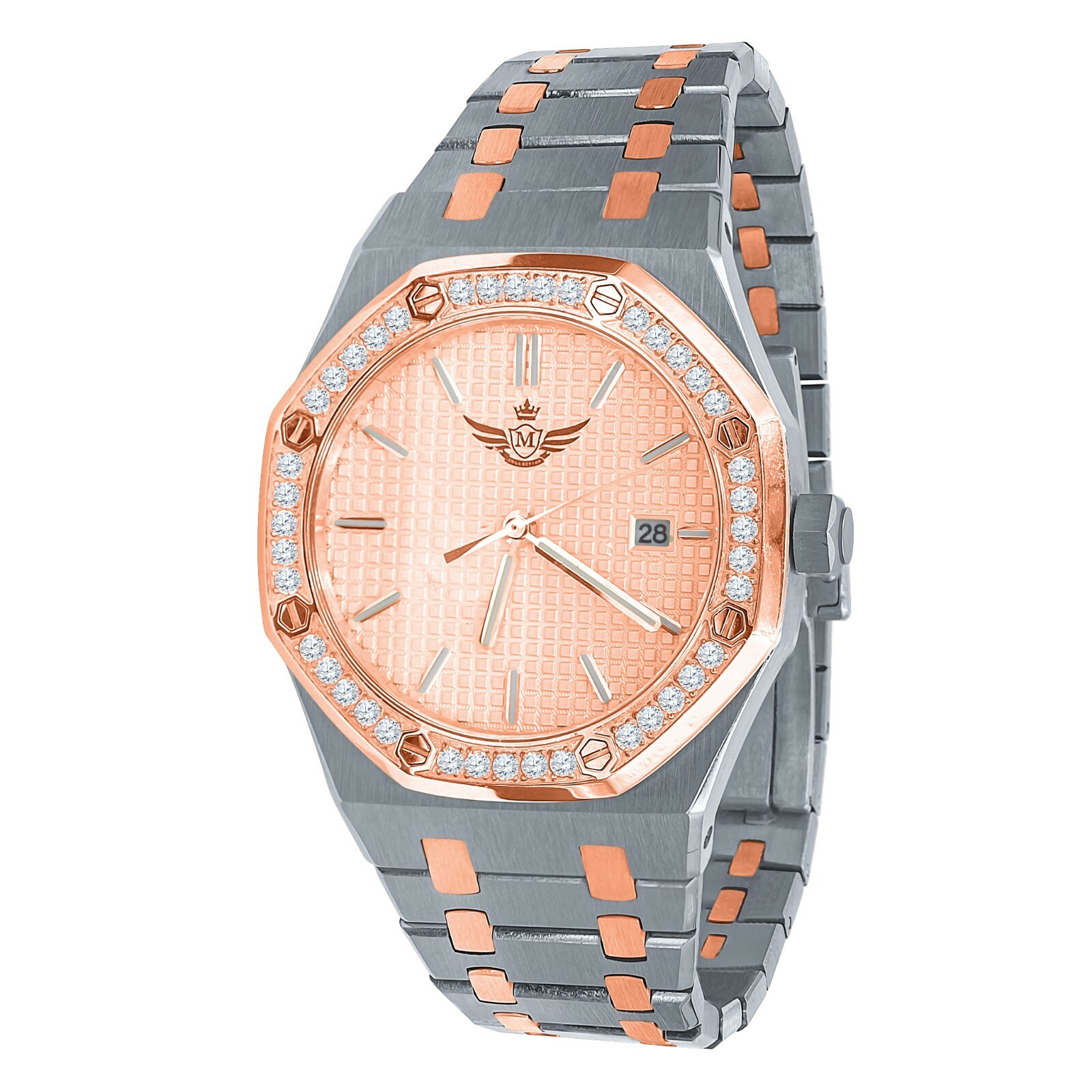 Pre-owned Bling Master Men's Full Steel 2 Tone Rose Gold Finish W/date Simulated Diamond 42mm Watch