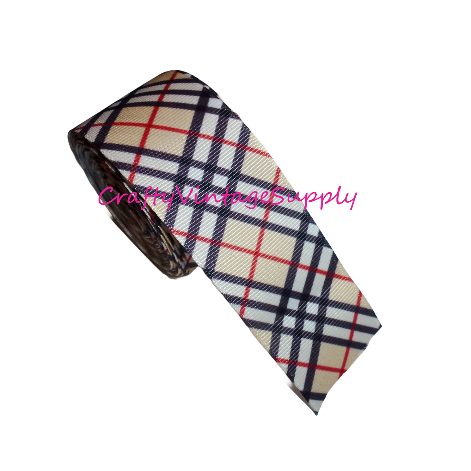 Brown khaki black white plaid ribbon diagonal check 2"