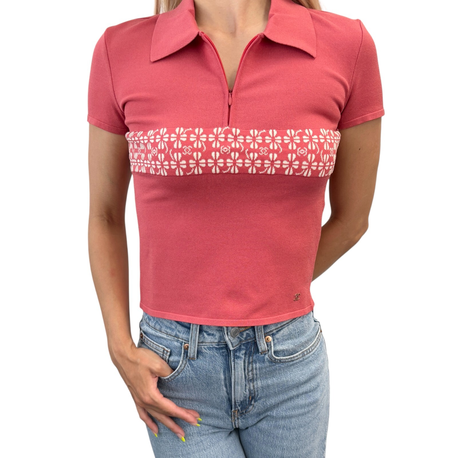 CHANEL Vintage 01P CC Logo Knit Polo Top #38 Pink Button