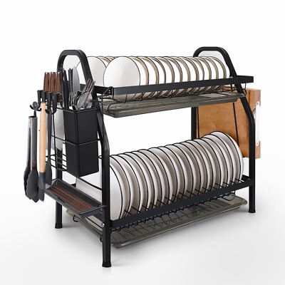 2 Tier Dish Drying Rack Over Sink Steel Kitchen Holder Drain Board Set Metal