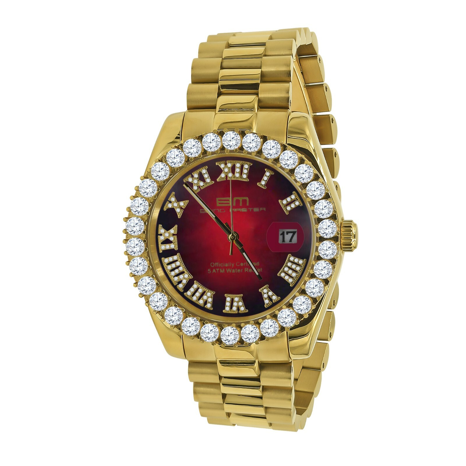 Pre-owned Bling Master Ruby Red Dial Solid Stainless Steel Men's 18k Yellow Gold Tone Finish Watch 42mm