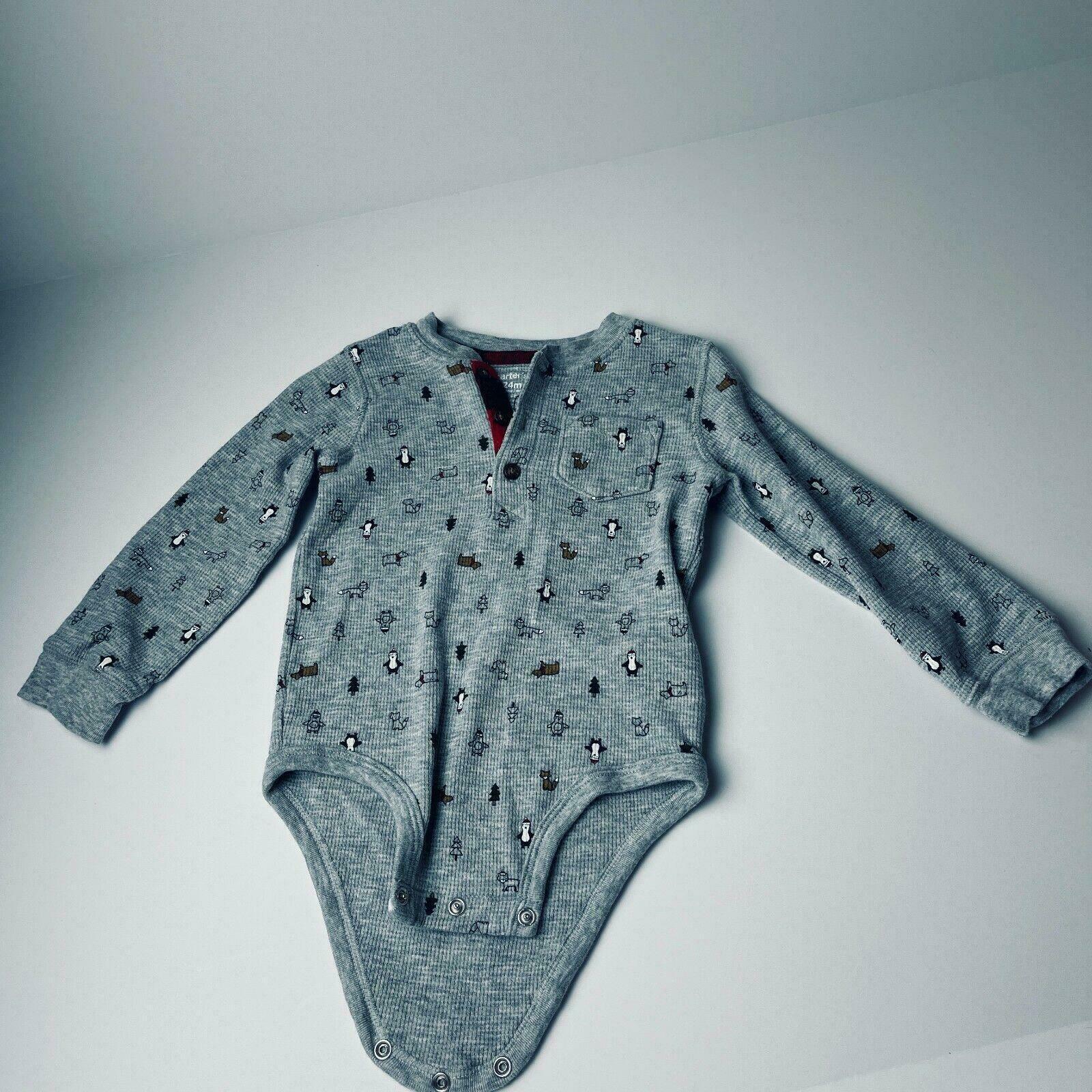 Carter's Flannel One Piece Romper Boys Gray 24M Penguin Dog Fox Christmas Tree
