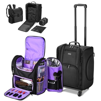 Byootique Rolling Makeup Train Case & Backpack Kit w/ 7 Toiletry Bags Artist