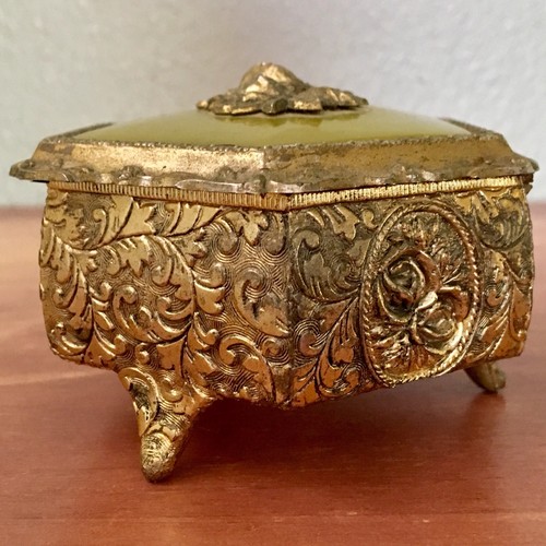 Antique JAPAN Metal Miniature Jewelry Trinket Box Golden w/ Green Inlay ROSES
