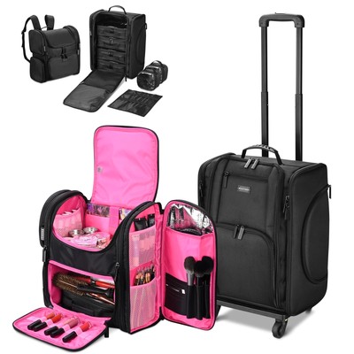 Byootique 2in1 Soft Sided Rolling Makeup Train Case with Makeup Backpack Kit