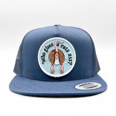 Who Gives a Rat's Ass Funny Hat, Retro Patch on a Navy Yupoong 6006 Trucker Hat