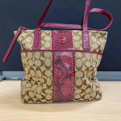 COACH Signature Stripe Python Print Rare Color Raspberry F25706 Bag Purse Tote