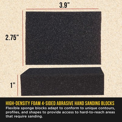 60 Grit 4-Sided Hand Sanding Block Sponges, 6/Box - 3.9" x 2.75" x 1" Wet or Dry