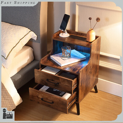 Brown Nightstand 2 Drawers with Charging Station & Led Lights Bedside End Table