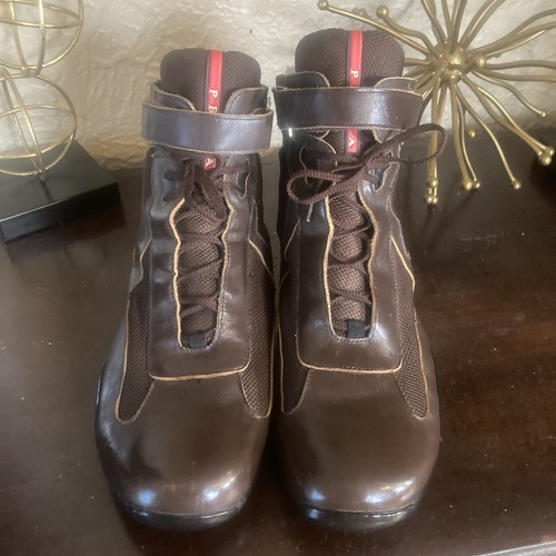 靴 Prada Velcro Leather Shoes Brown Prada Brown Leather America's Cup Sneakers – www.Lukes.store