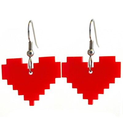 Red 8 Bit Pixel Heart Dangle Earrings Minecraft Undertale Zelda Game Jewelry