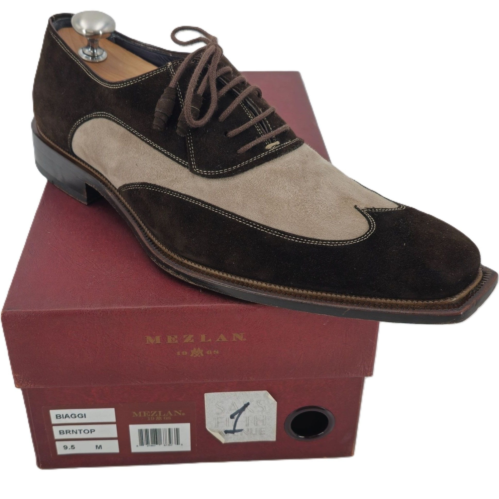 Mezlan Spain Mens size 9.5 Brown Beige Suede Leather Wingtip