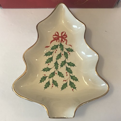 LENOX Holiday Tree Dish Dimension Collection Gold Trim Spoon Rest Ribbon Holly