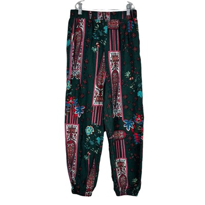 Emery Rose Dark Green Pink Paisley Pattern High Waisted Harem Style Pants M