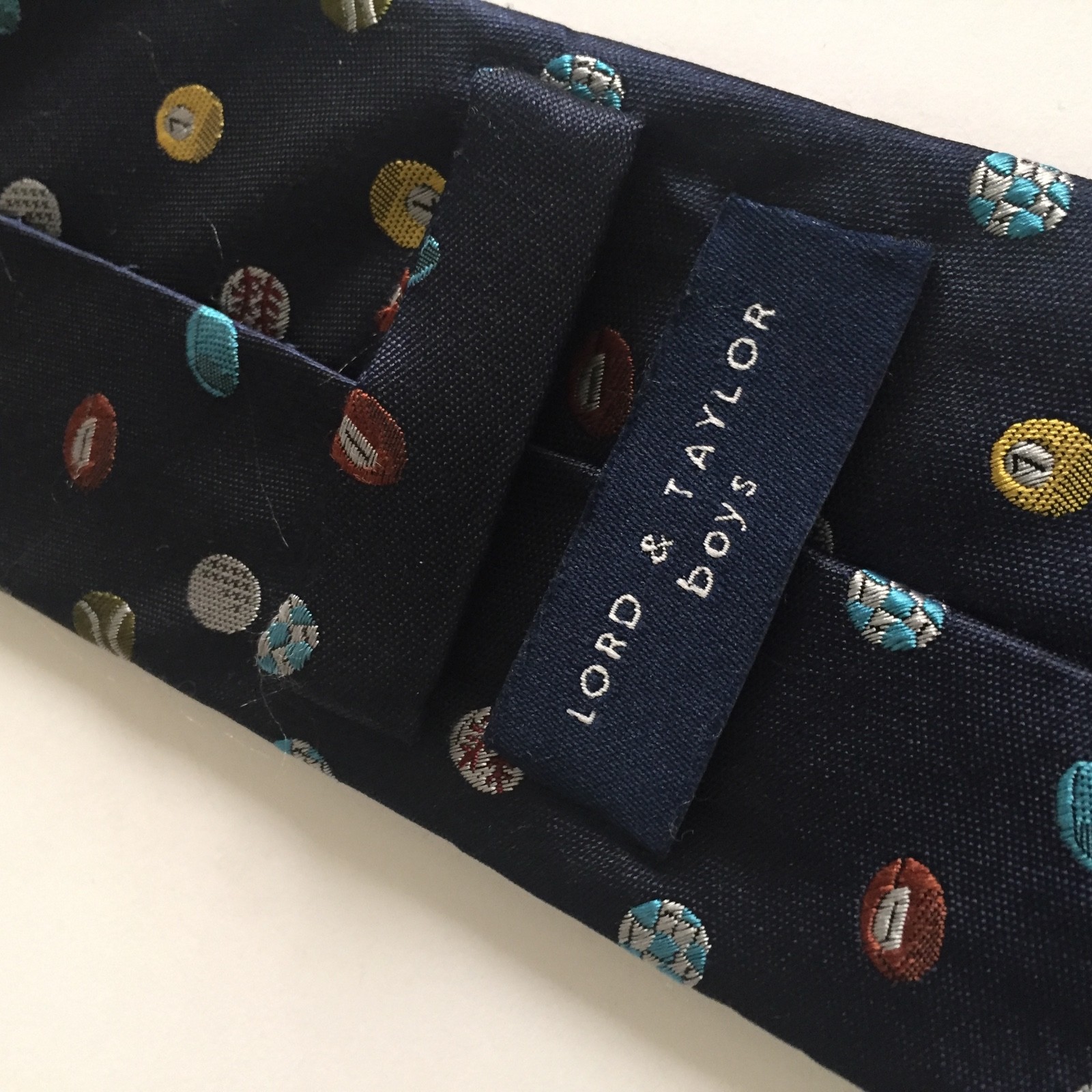 Lord & Taylor Sports Silk Boys Tie Navy Blue Embroidered Basketball Football