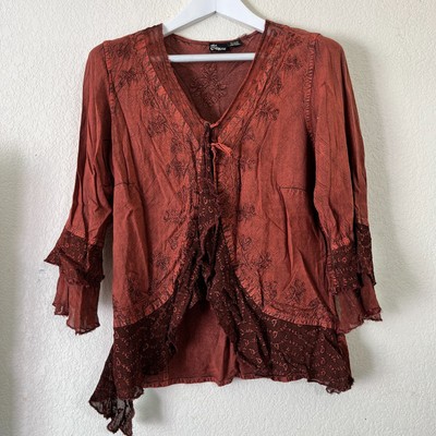 My Choice Women Rust Ruffle Boho Floral Embroidered Rayon Blouse One Size Casual