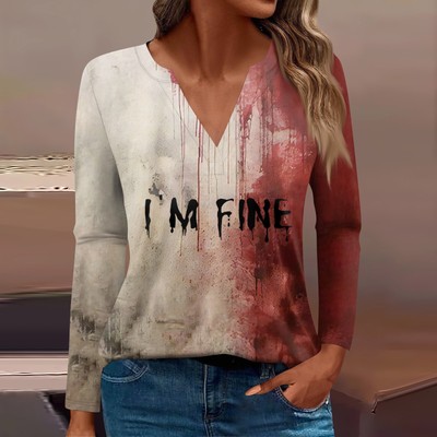 Women's T Shirt Tee Print Button Long Sleeve Daily Weekend Fashion Basic V Neck