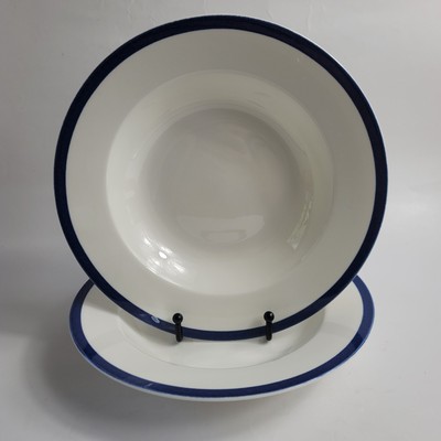 TWO Mikasa Ultima + China Indigo Track Rim Soup Bowls White with Blue Bands
