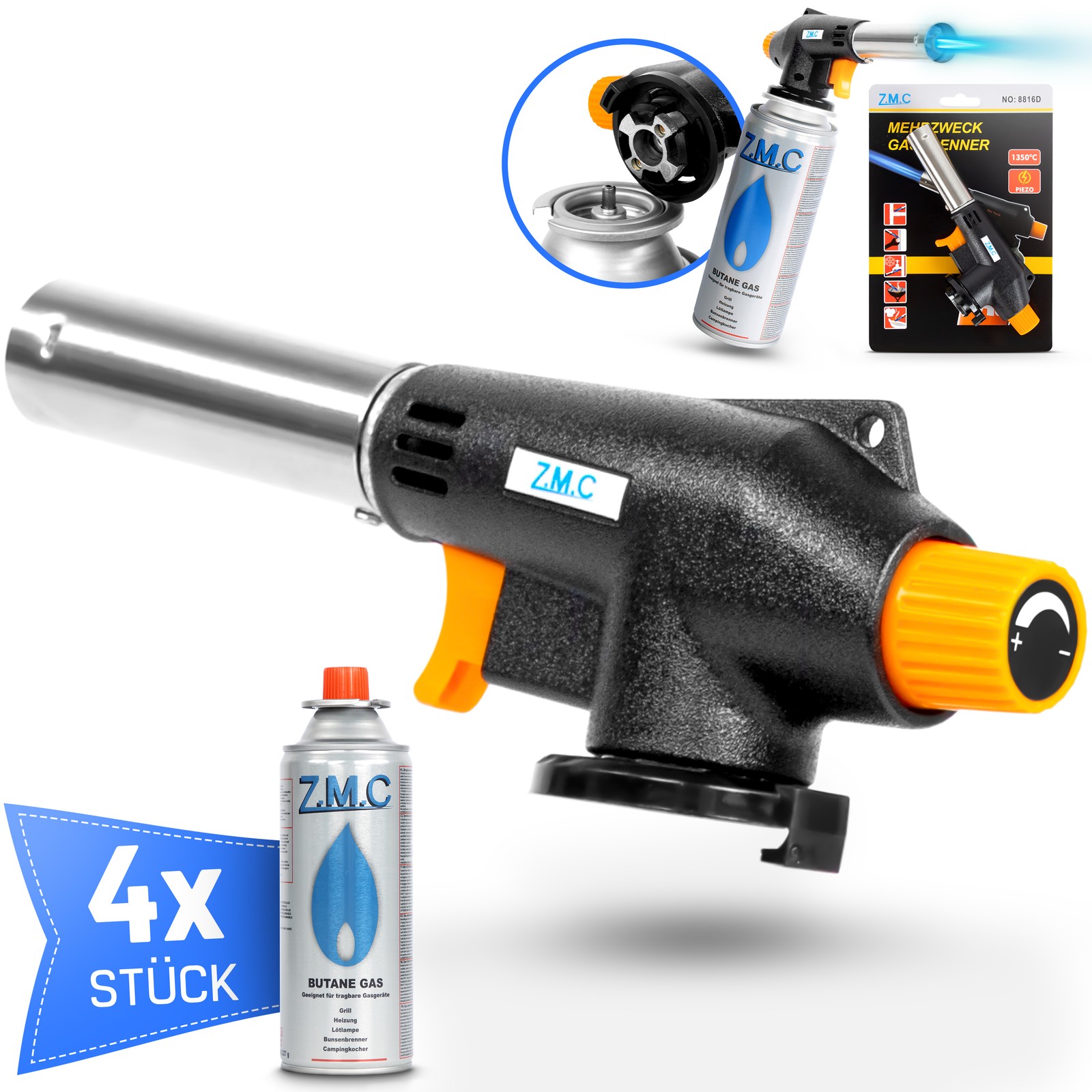 Brûleur à Gaz Bunsen Avec Allumage Piézo + 8 Cartouches De Butane – Pour Soudage, Briquet