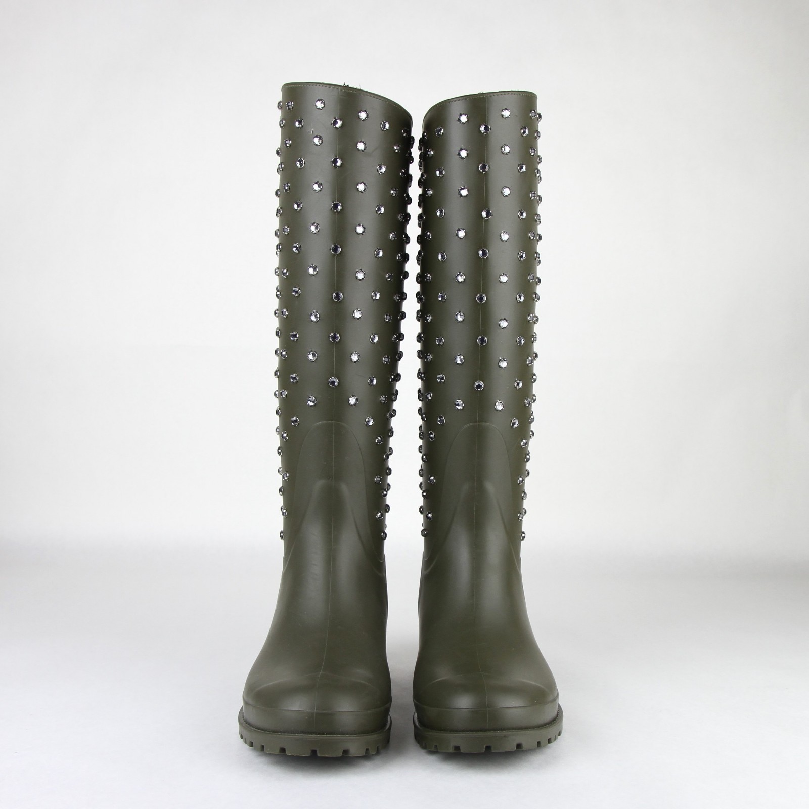 Pre-owned Saint Laurent Women Olive Green Rubber Rain Boots W/diamond Studs 427307 2906