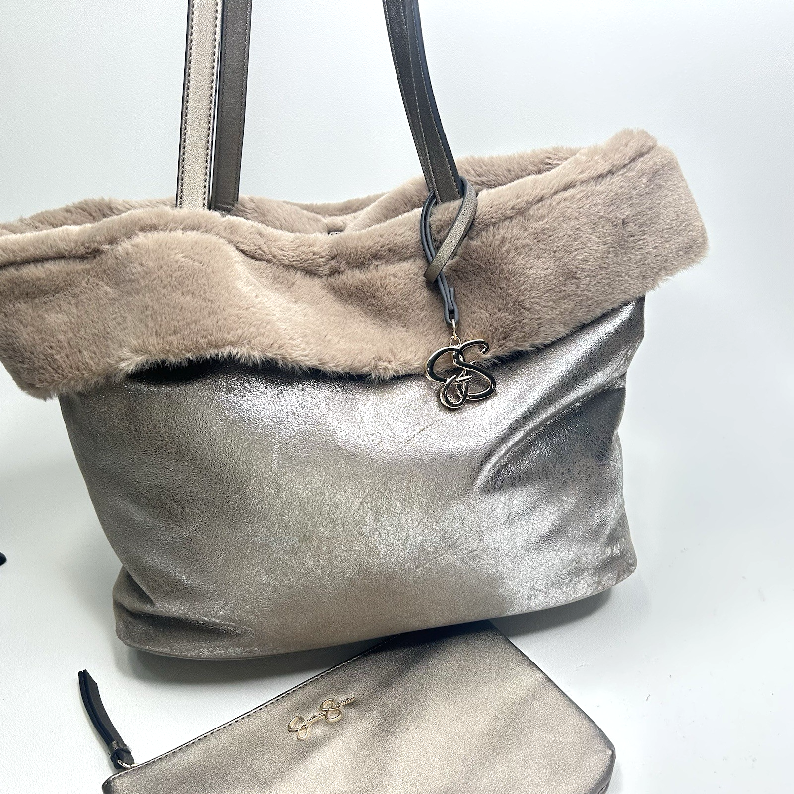 バッグ DICH HENDERSON Fur bag/marble JESSICA SIMPSON Purse Tote Flora Fur Trim Metallic Handbag w